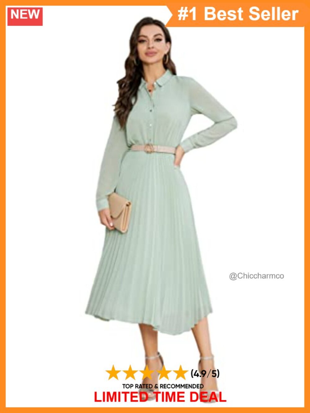Women's Midi Shirt Dress with Belt Long Sleeve Business Casual Pleated Work